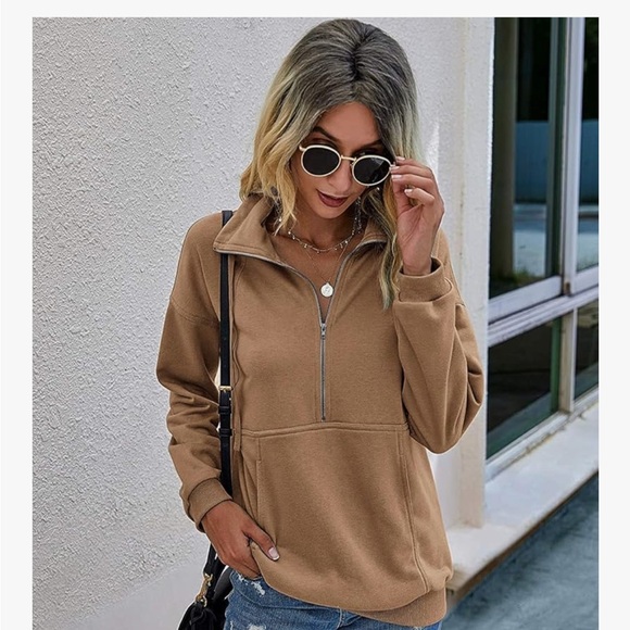 PrettyGarden Tops - PRETTYGARDEN Women's Coffee Long Sleeve Lapel Zipper Sweatshirt Size Small